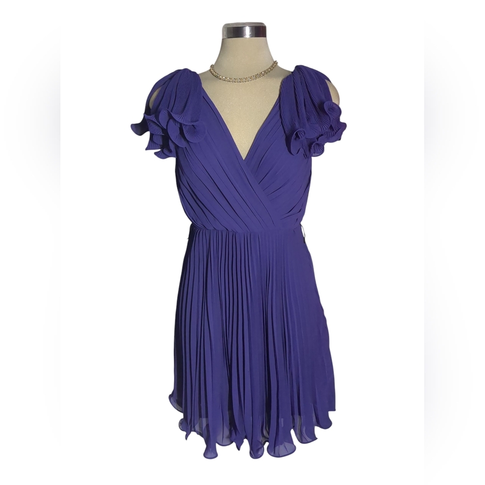 Pearl  Georgina Chapman Royal V-Neck Pleadd Purple Midi Dress Size 6 - Picture 4 of 16